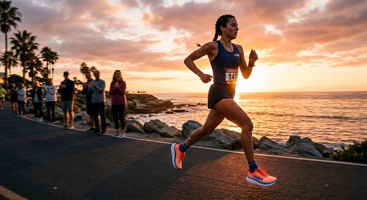 A marathon runner in mid-stride during a sunset run, showcasing the aggressive Meta-Rocker geometry of the HOKA Clifton series with dramatic rim lighting.