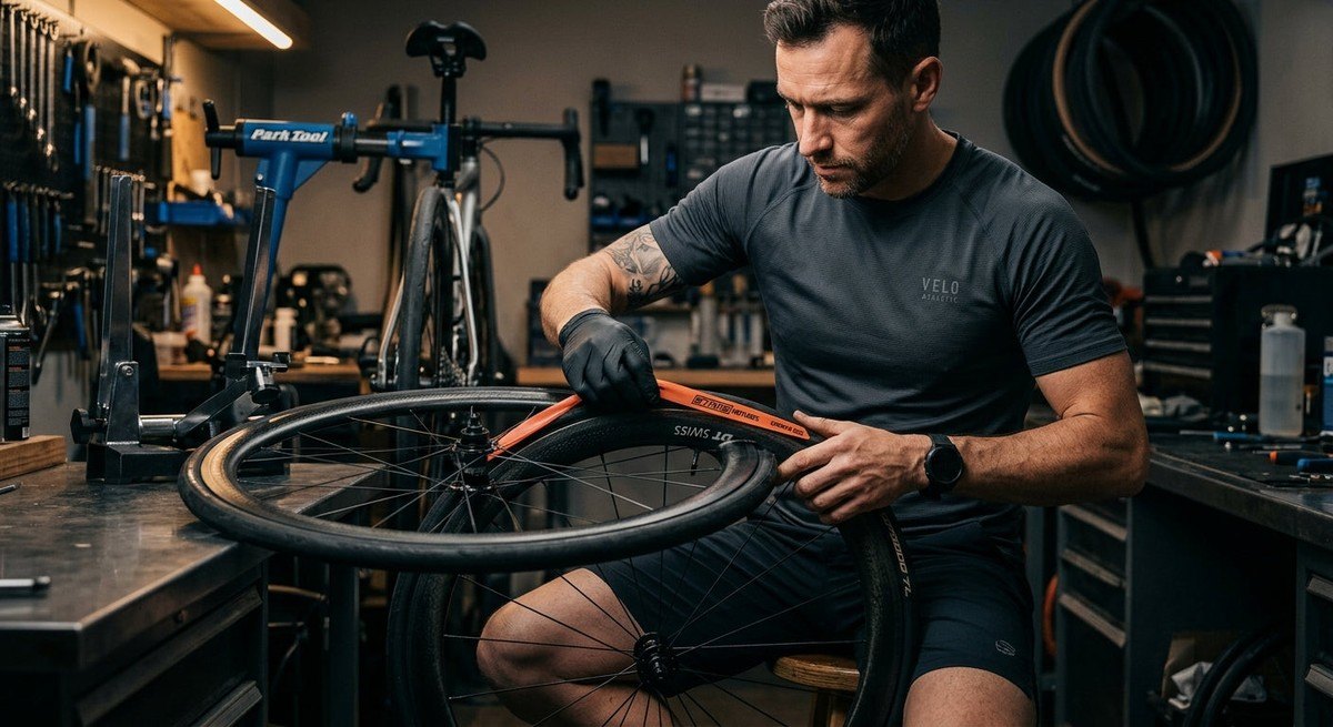 A mechanic's hands precisely applying tubeless rim tape to a high-end carbon road bike wheel in a moody, professional workshop setting.