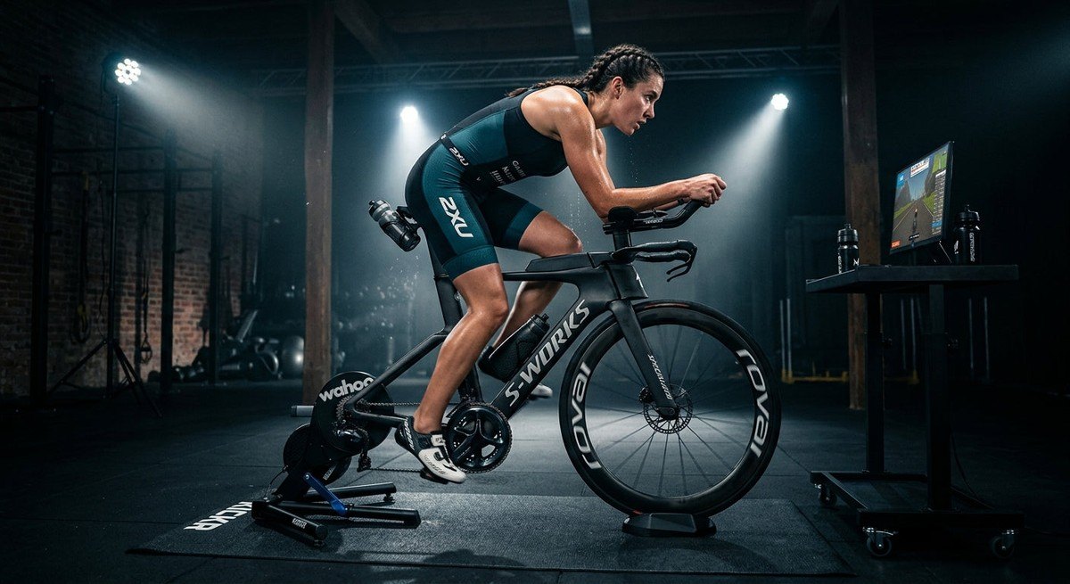A modern carbon-fibre triathlon bike set up on a high-tech smart trainer in a dark, moody room with professional stadium-style lighting.