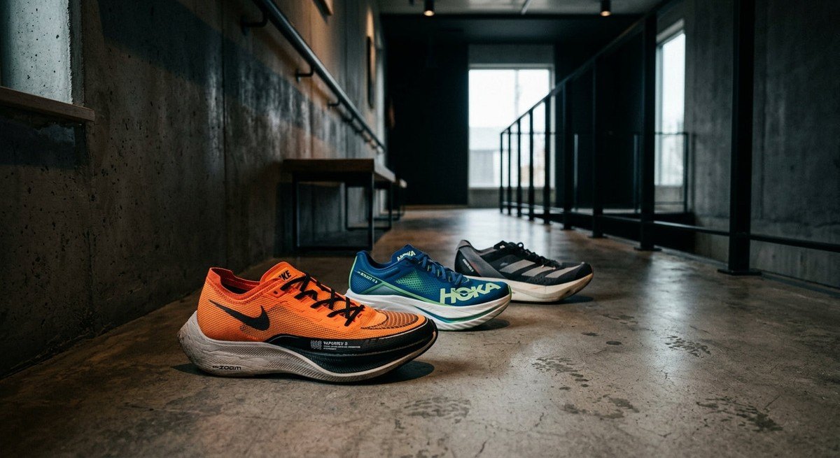 A moody, cinematic shot of a neatly arranged rotation of three different running shoe models in a modern, minimalist hallway
