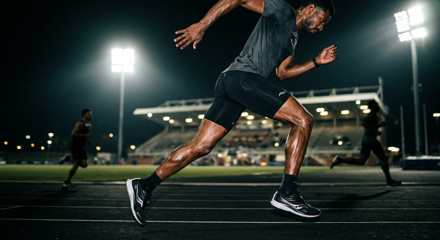 A moody, cinematic shot of an athlete running on a track under stadium lights with sharp focus on leg muscle definition.