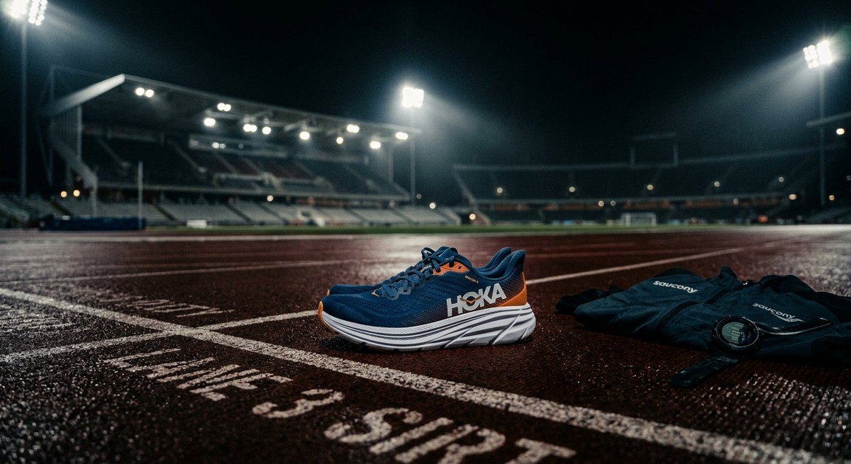 A moody, cinematic shot of the Hoka Rincon 5 resting on a professional running track under stadium floodlights.