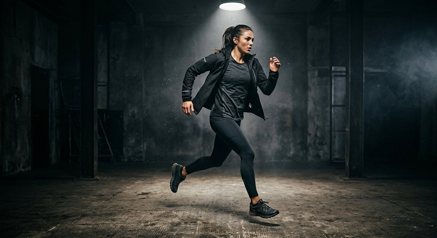 A moody, cinematic studio shot of premium athletic running gear including a jacket and workout tee, highlighting high-speed textures and dramatic contrast.