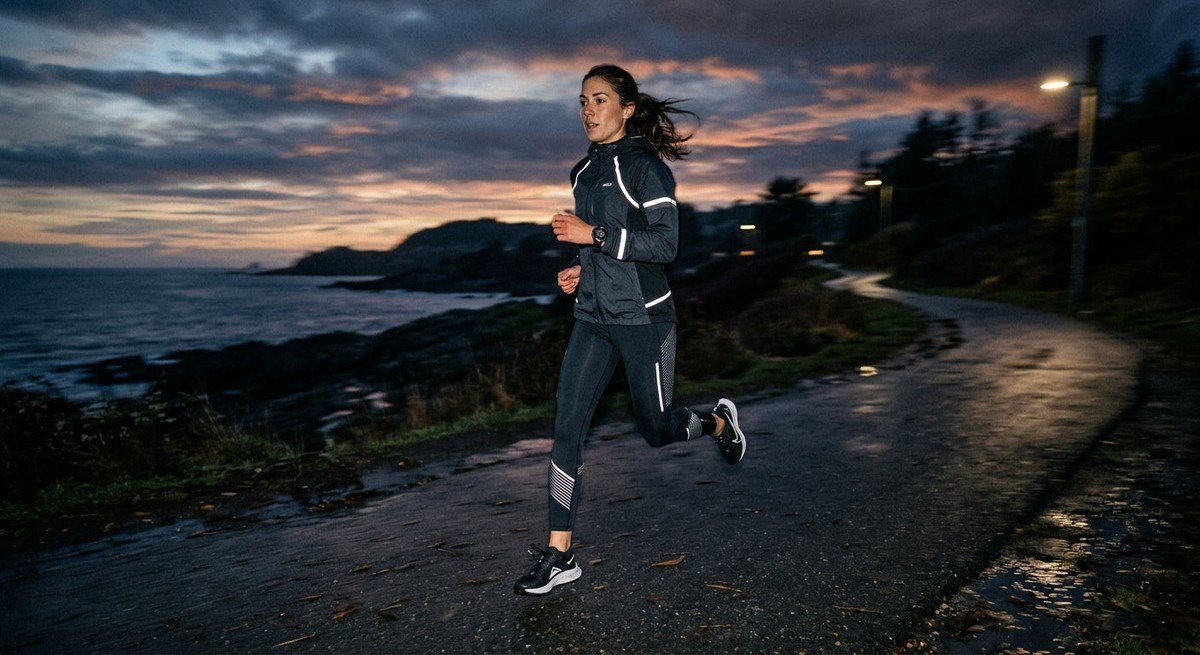 A moody, dramatic shot of a runner at dusk wearing reflective gear and a GPS watch, capturing motion blur and sharp textures.
