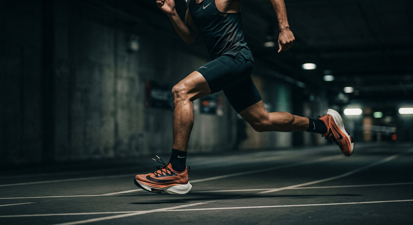 A moody, dramatic side profile of a high-performance running shoe in motion, captured with a sharp focus on the mesh upper textures and a slight motion blur on the background.