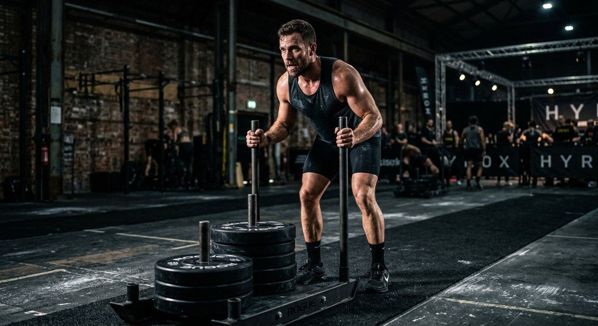 A moody, high-contrast shot of a competitor preparing for a sled push, capturing the grit and intensity of elite Hyrox training.
