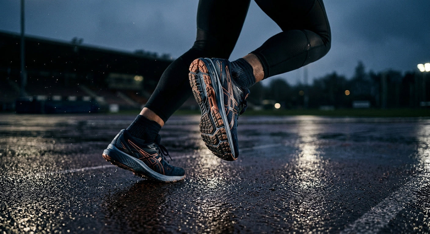 A moody, low-angle action shot of an athlete's feet mid-stride on a wet asphalt surface, highlighting the intricate tread pattern and structural geometry of the upcoming ASICS trainer.