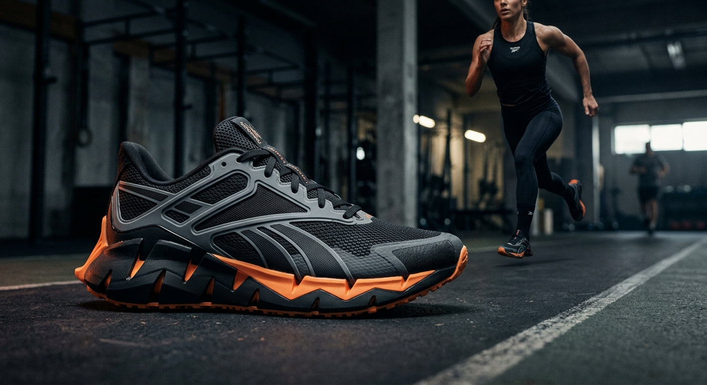 A moody, professional studio photograph of the Reebok FloatZig Tread, focusing on the intricate TPU overlays and the structural design of the Zig energy system.