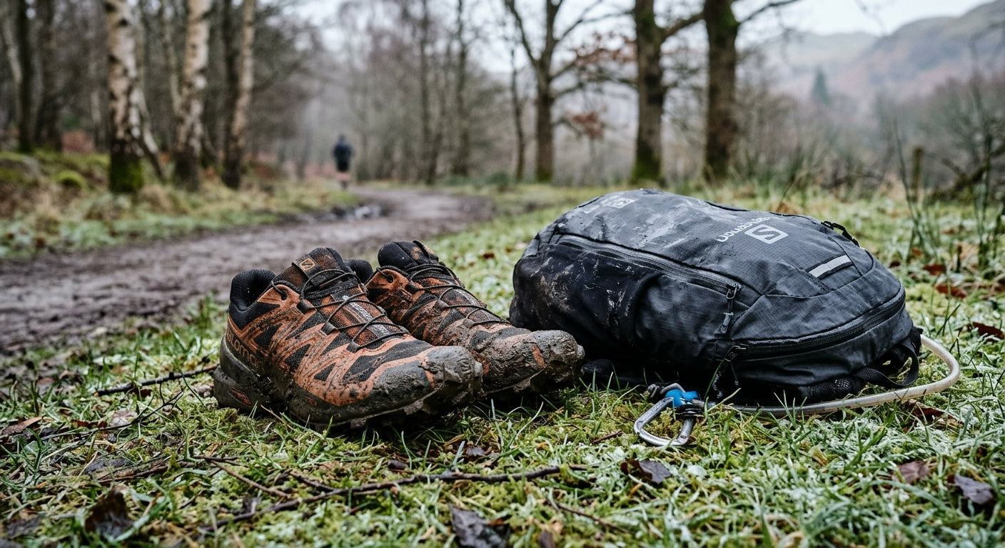 A pair of muddy trail running shoes and a waterproof kit bag resting on wet winter grass