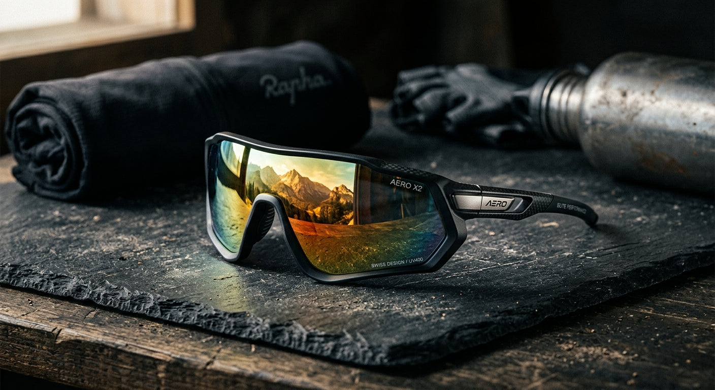 A pair of premium cycling glasses resting on a textured, dark surface with cinematic lighting, showcasing the reflective coating and fine details of the frame.