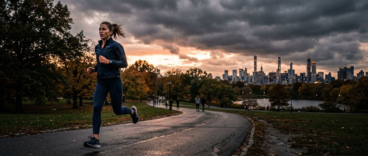 A panoramic shot of a park running trail in a major city with dramatic contrast and moody sky.