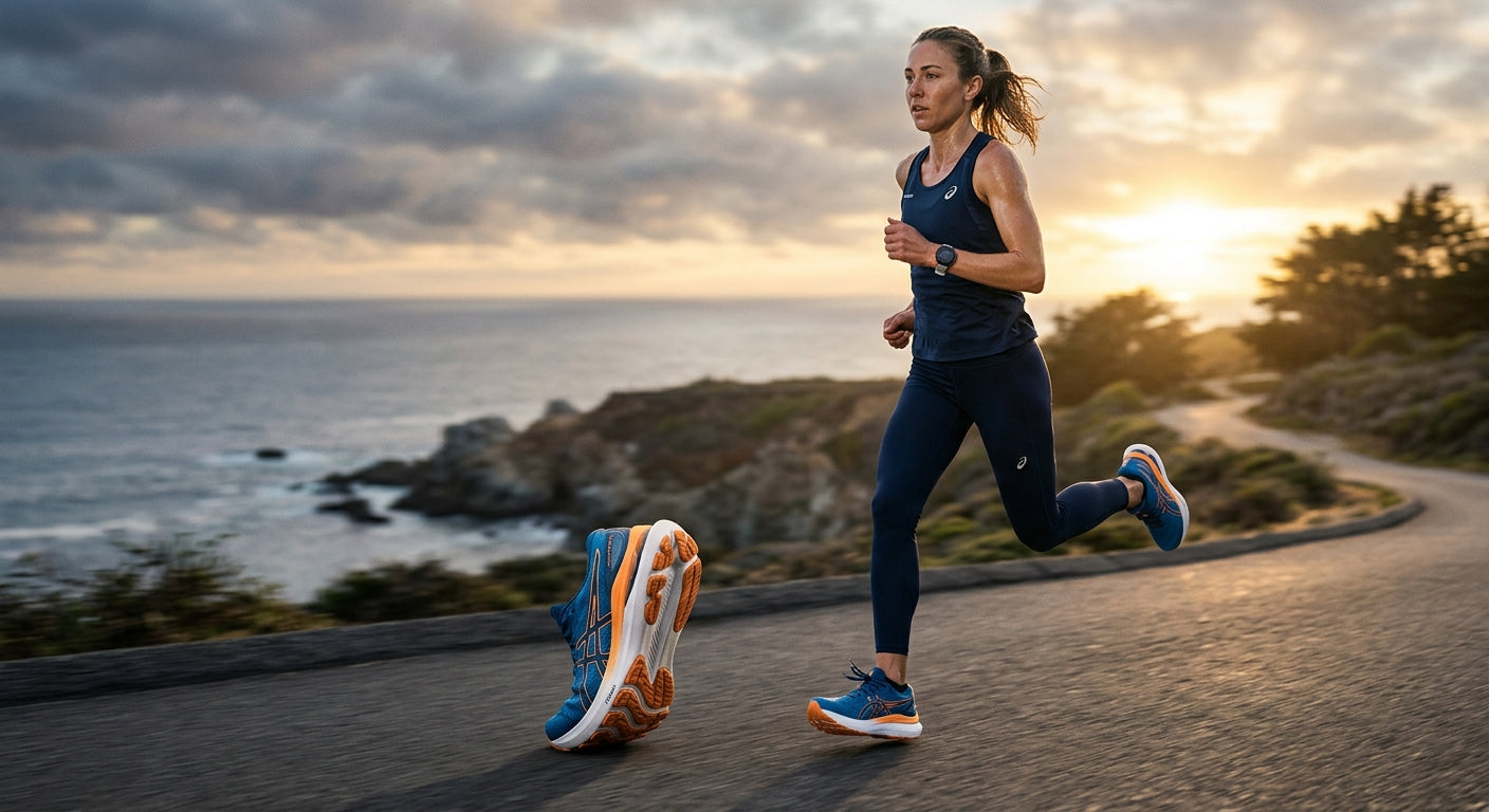A professional action photo of a runner wearing ASICS Gel-Nimbus 28 FP Movement, focusing on the heel-strike geometry and cushioning transition.