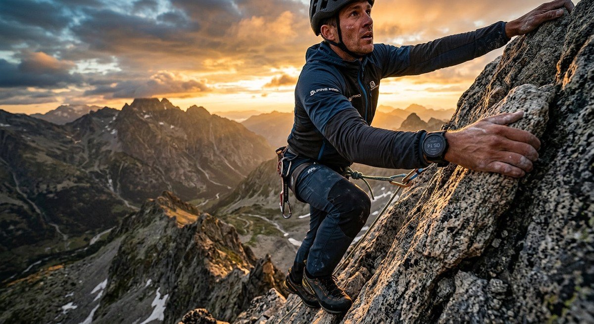 A professional athlete climbing a rocky mountain peak at dawn, wearing a premium multisport watch, captured in high-speed action photography.