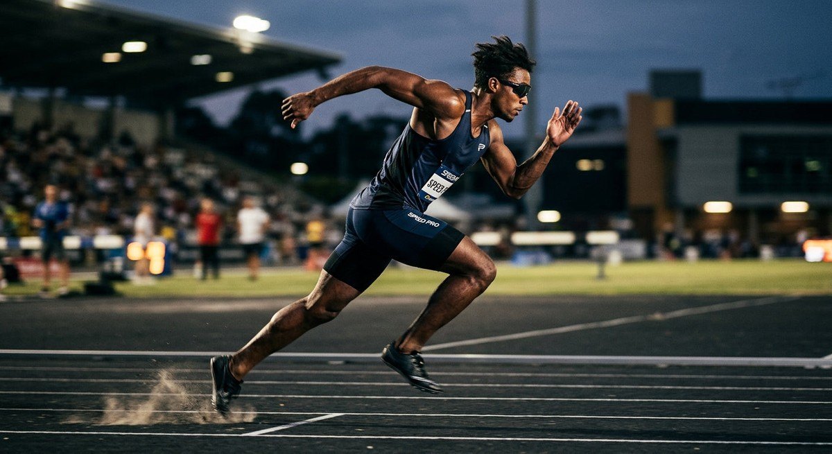 A professional athlete in mid-sprint, captured with motion blur and dramatic contrast, highlighting the sleek profile of the sunglasses.