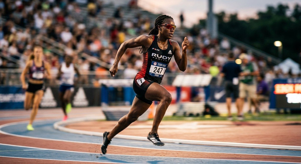 A professional athlete in mid-stride during a race, wearing sleek Rudy Project eyewear with a dramatic motion blur background