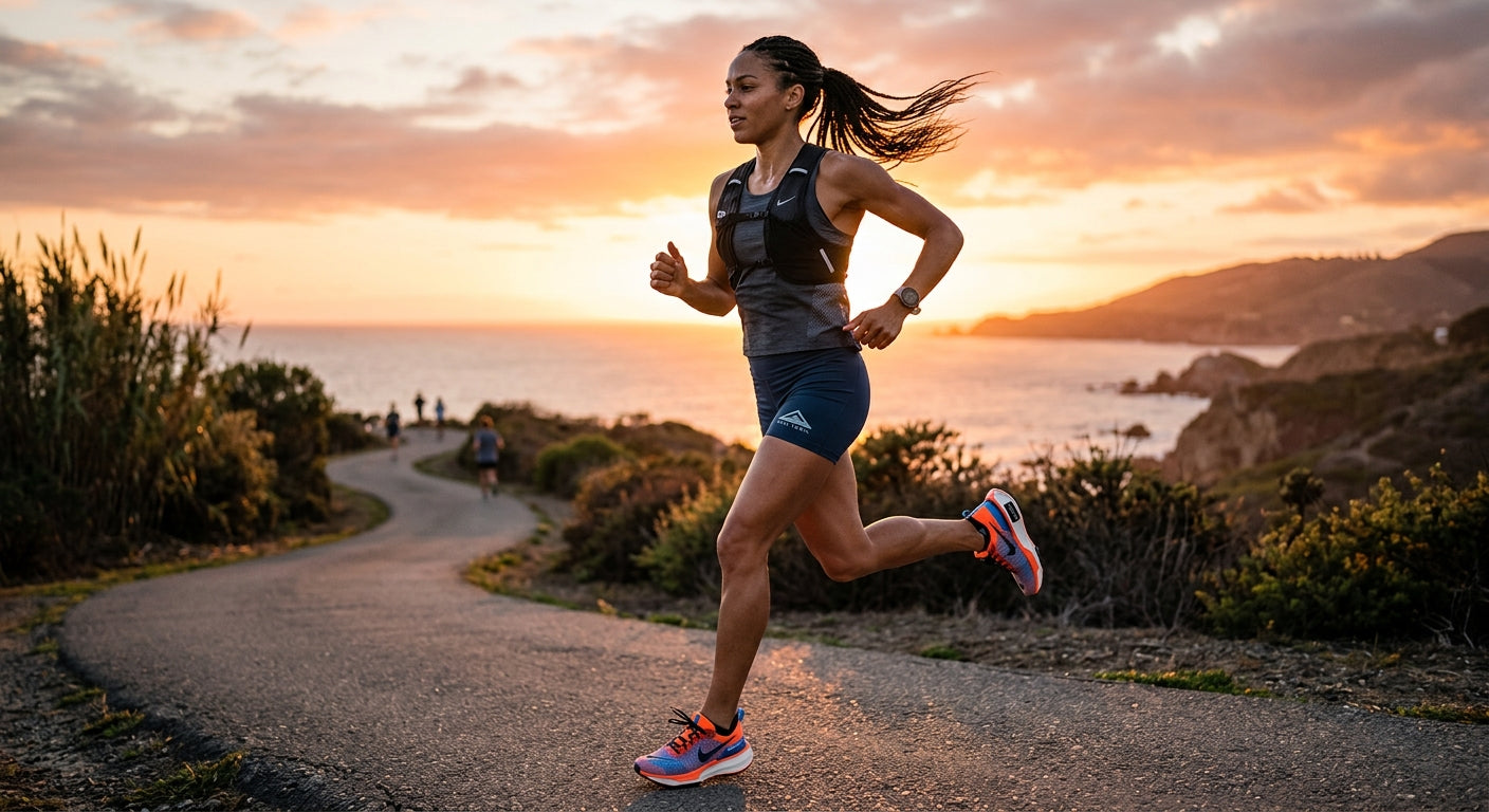 A professional athlete mid-stride during a recovery run at sunset with cinematic lighting and sharp details on the shoe upper.