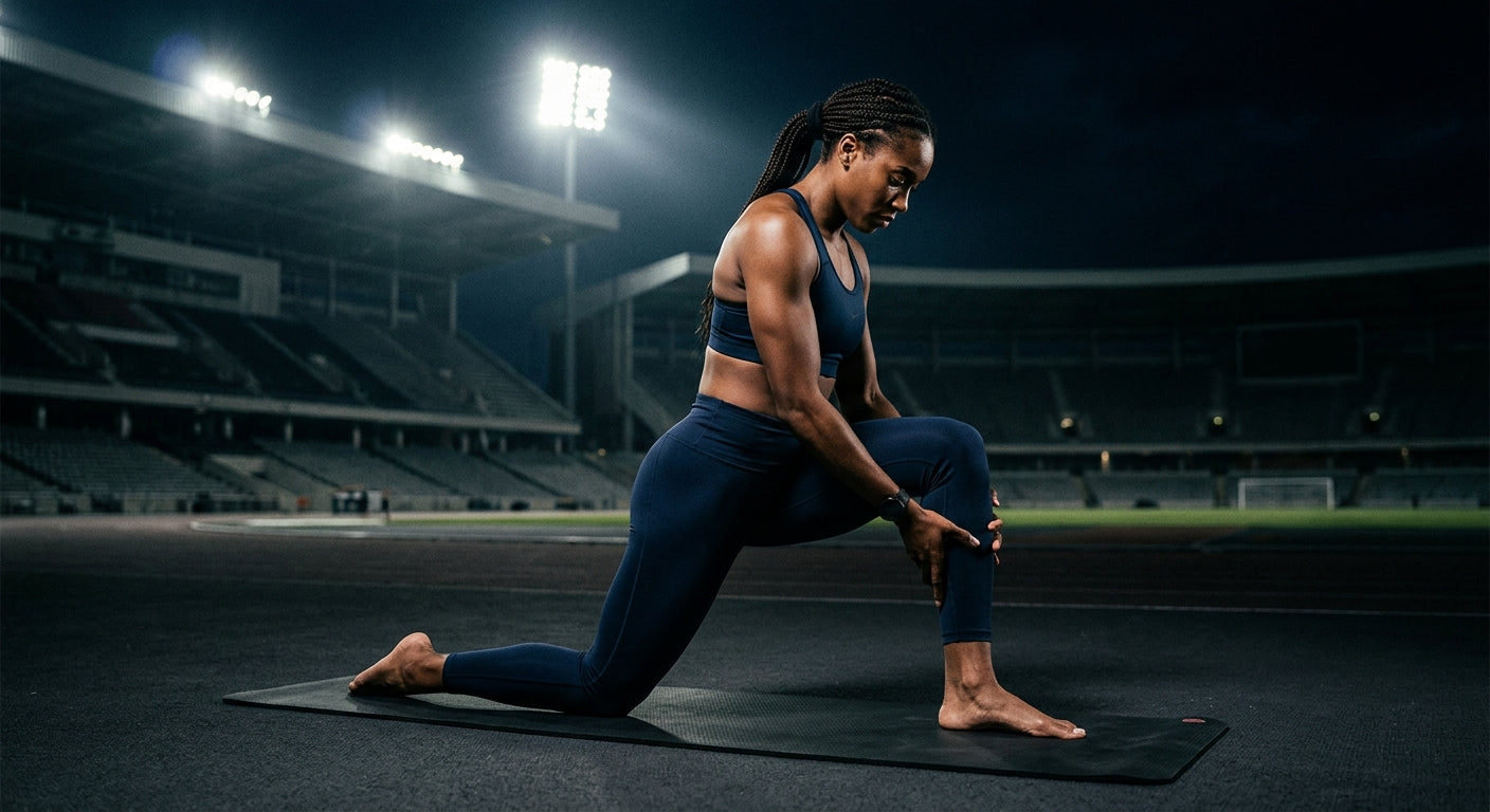 A professional athlete performing ankle stretches on a yoga mat, illuminated by moody, dramatic stadium lighting that highlights muscle definition.