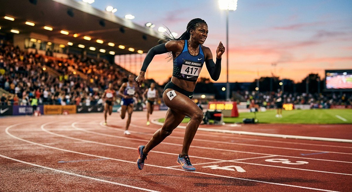 A professional athlete running on a track at dusk, highlighting the texture of athletic gear and the sharp intensity of a competitive race.