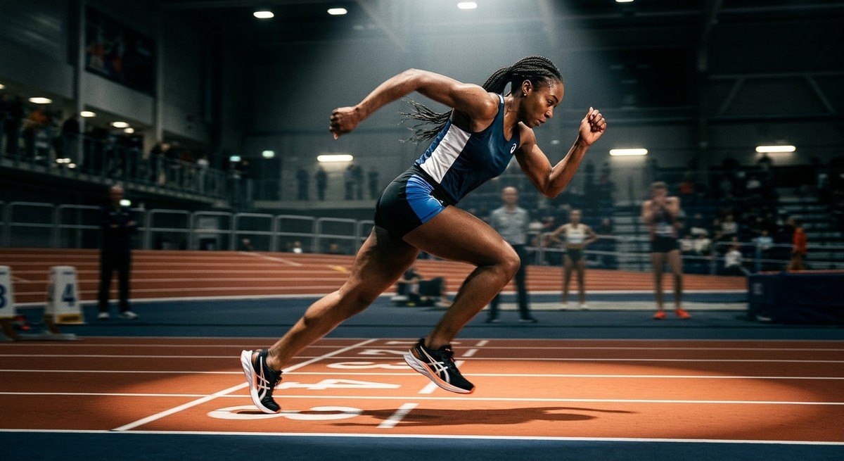 A professional athlete sprinting on an indoor track, with motion blur on the legs and the Asics Dynablast 6 shoes clearly visible under cinematic spotlighting.
