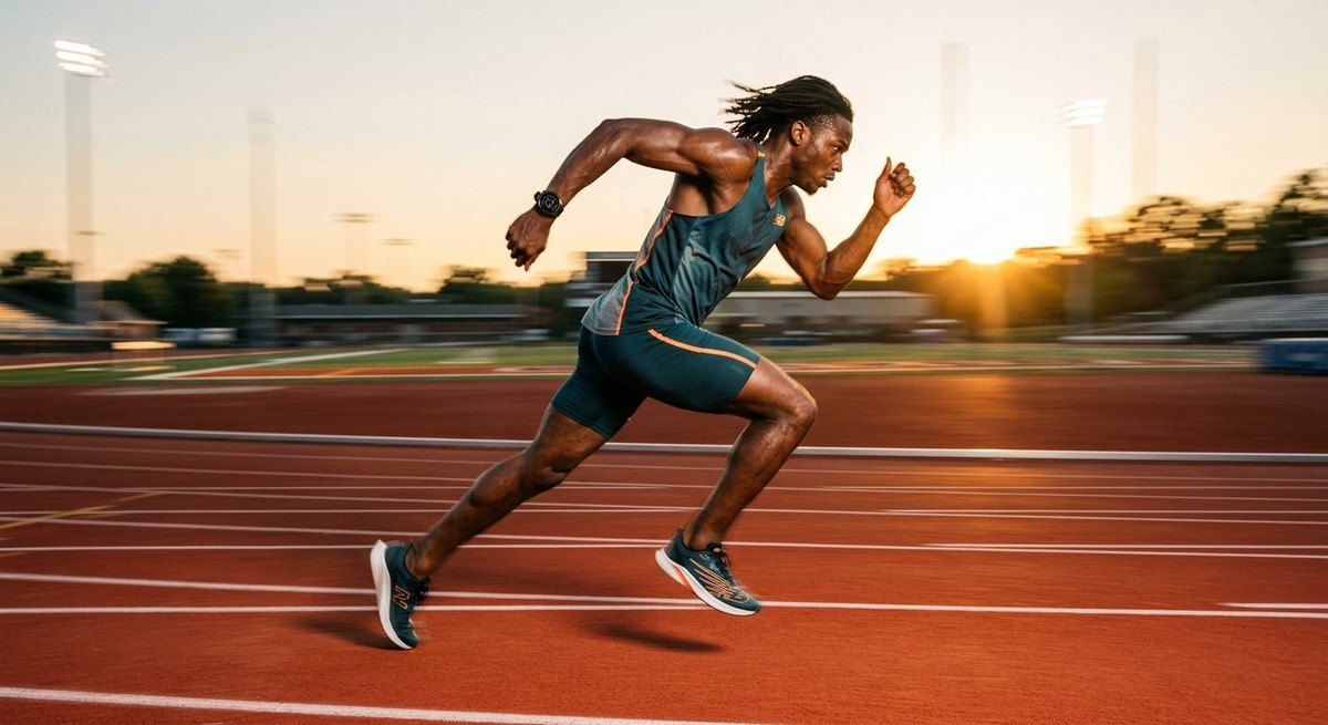 A professional athlete wearing a Garmin Epix Pro while sprinting on a track, captured with high-speed motion blur.