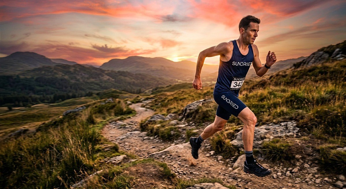 A professional athlete wearing a Sundried singlet and compression gear, racing through a rugged, cinematic trail environment at sunset.