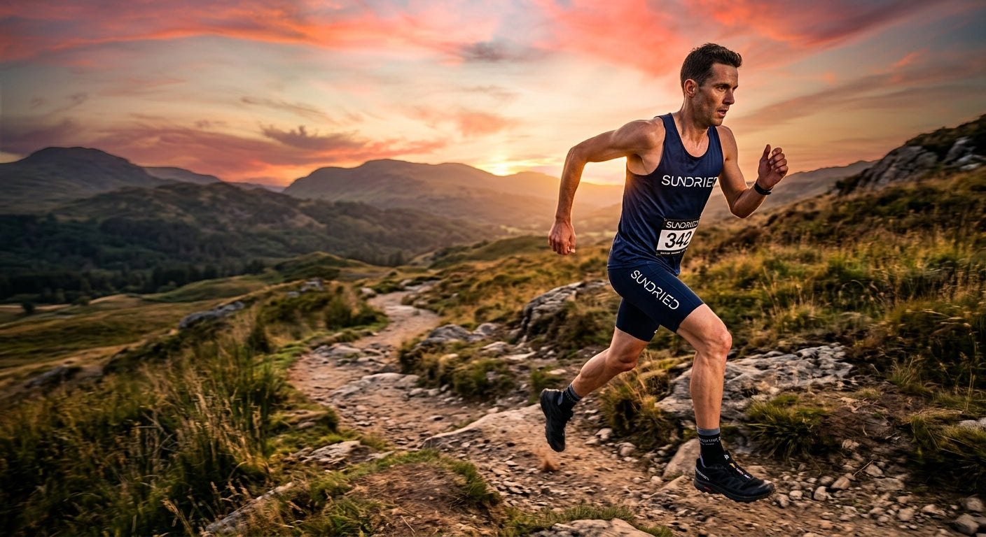A professional athlete wearing a Sundried singlet and compression gear, racing through a rugged, cinematic trail environment at sunset.