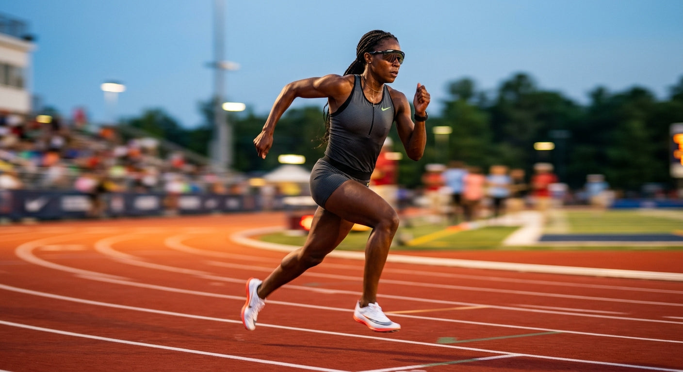 A professional athlete wearing aerodynamic sunglasses during a high-speed sprint on a track, blurred background.