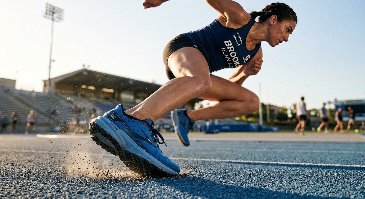 A professional athlete wearing Brooks Launch 12 shoes during a sprinting session, with sharp focus on the shoe geometry and traction patterns.
