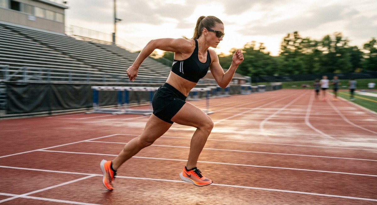 A professional athlete wearing high-performance Maui Jim sunglasses while sprinting on a track, captured with sharp focus and motion blur in the background.