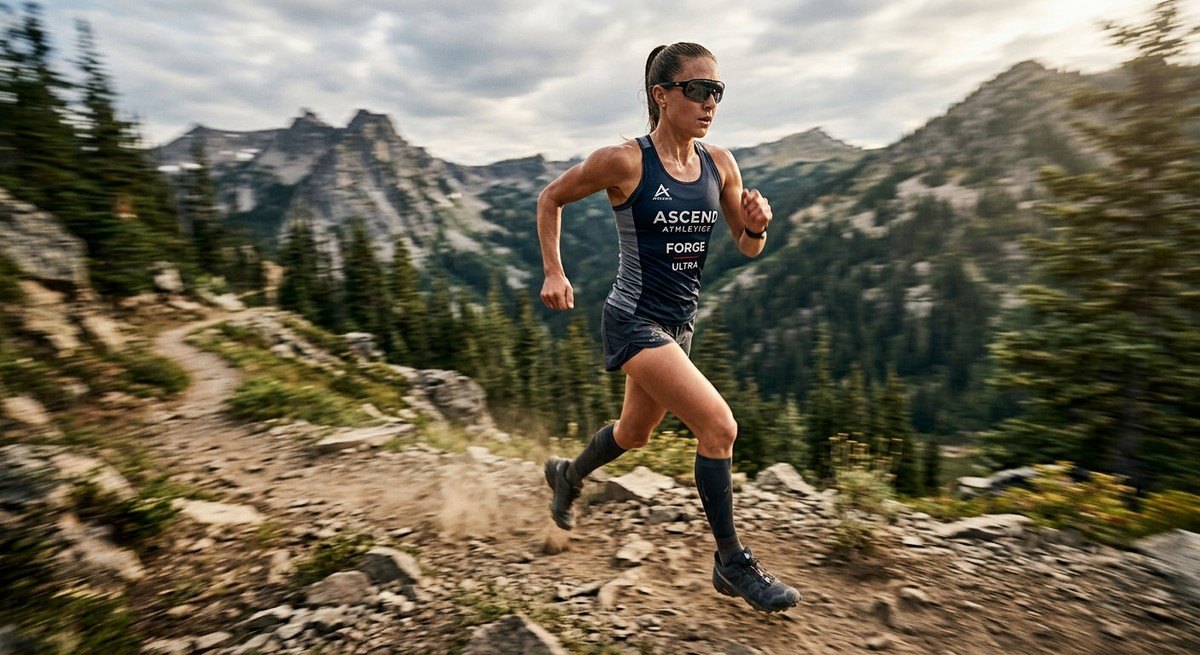 A professional athlete wearing high-wrap performance glasses in a blurred motion trail running shot with sharp, cinematic details.