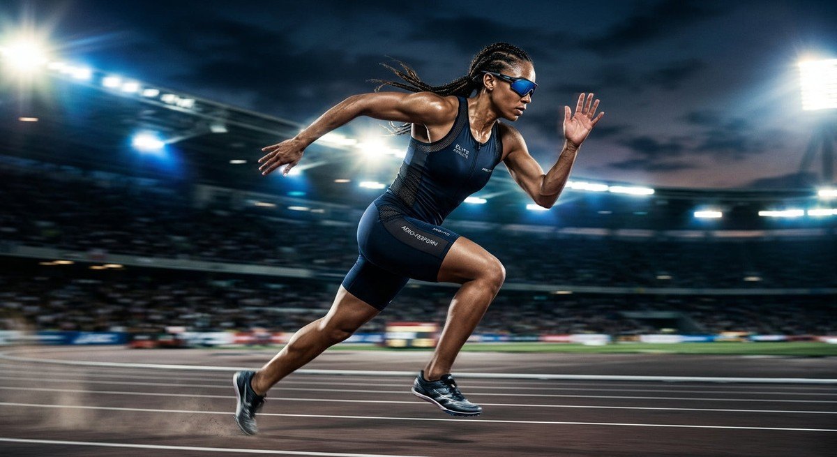 A professional athlete wearing sleek, futuristic sports eyewear, captured with motion blur and dramatic cinematic stadium lighting.