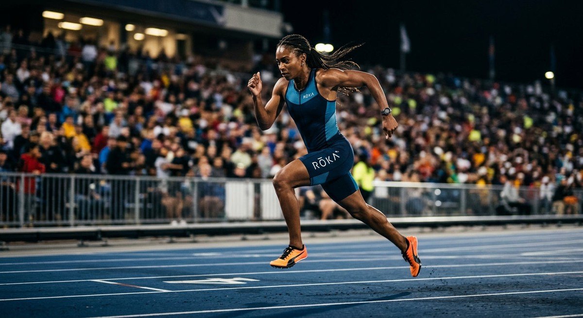 A professional athlete wearing the ROKA Rory 2.0 while sprinting on a track, captured in high-speed action with blurred stadium lights in the background.