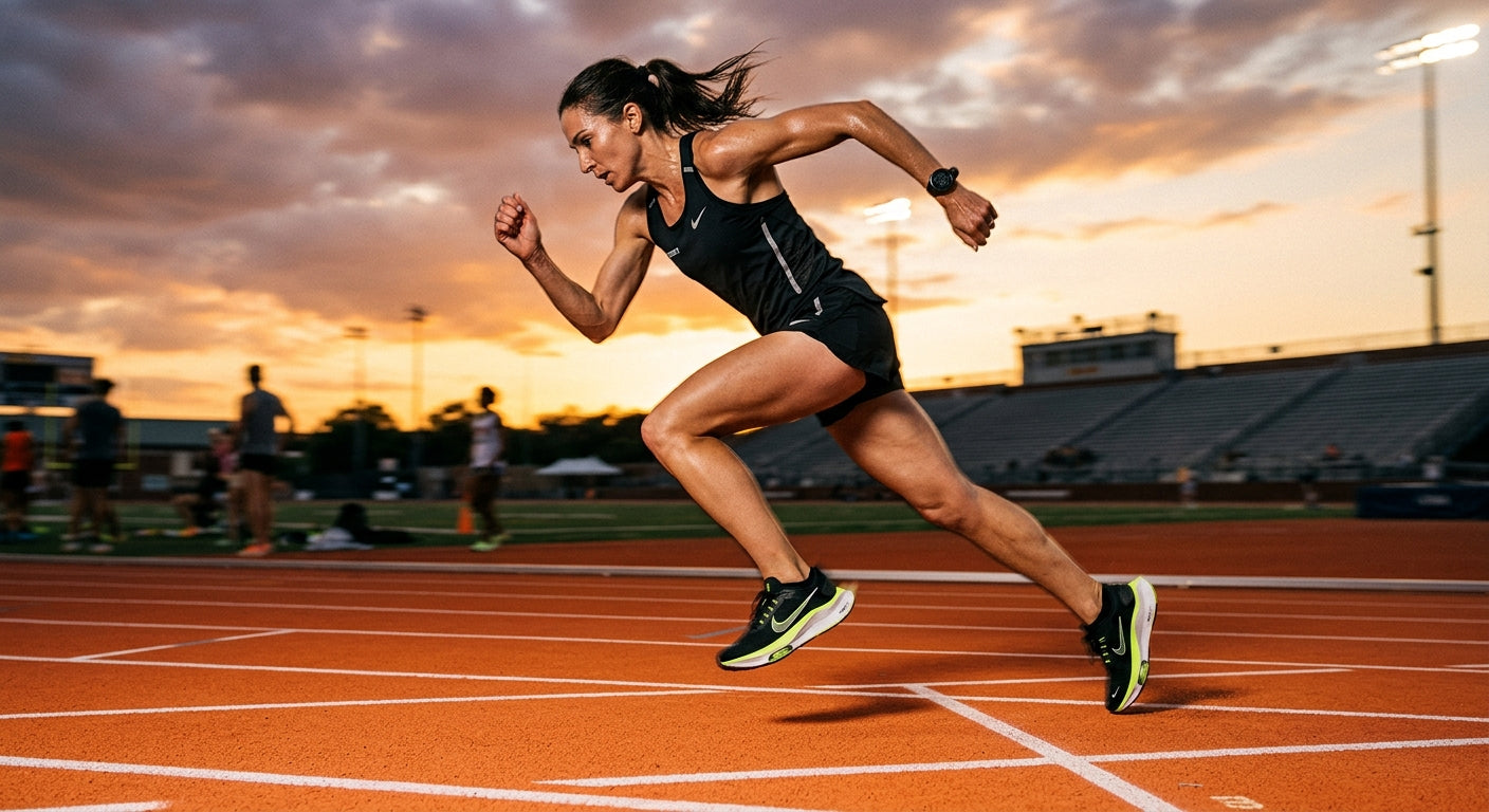 A professional athletic action shot of a runner wearing the Nike Pegasus 42 on a track, emphasizing the midsole geometry and high-speed motion.