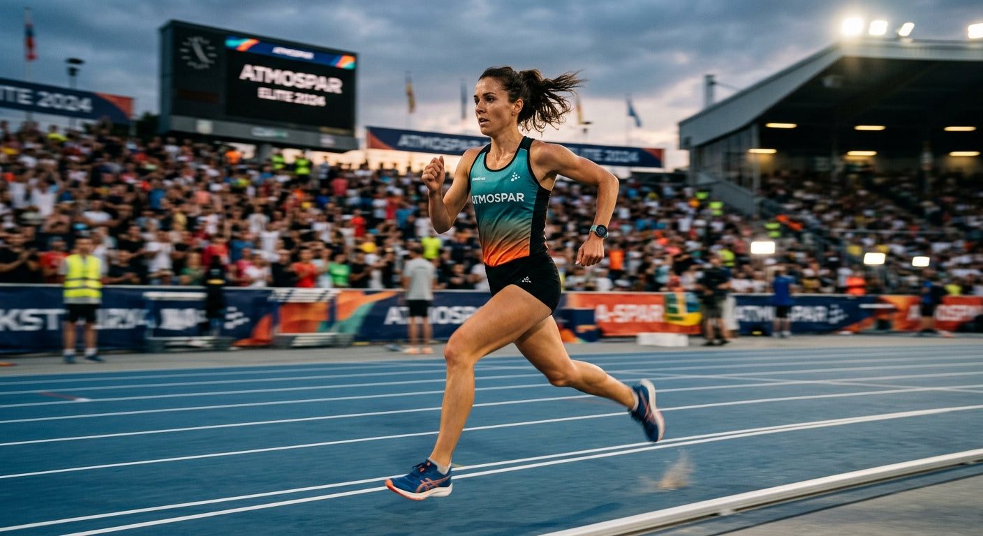 A professional athletic photograph of a runner wearing the Atmospar Craft in a stadium environment with motion blur, emphasizing speed and performance.