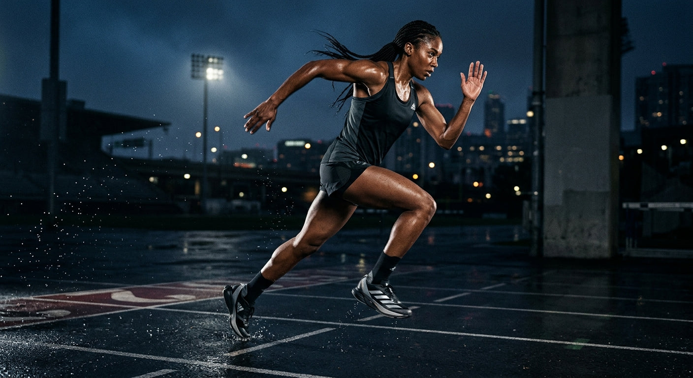 A professional athletic photography shot of a runner wearing the Adidas EVO SL EXO, capturing raw power and cinematic contrast.
