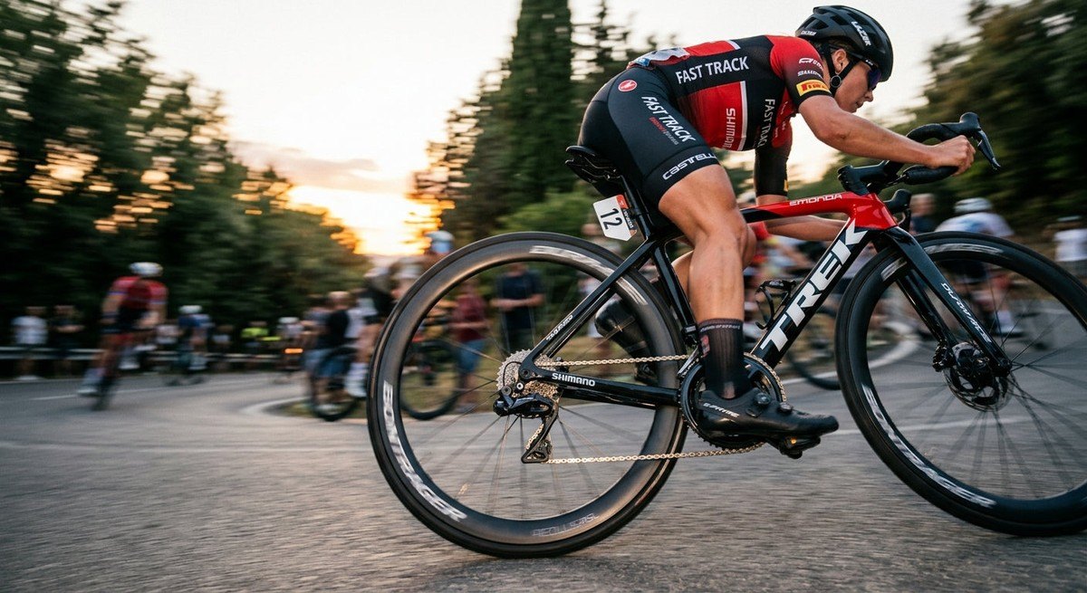 A professional cyclist in a blur of motion during a sprint, highlighting the precision engineering of the rear derailleur cage.