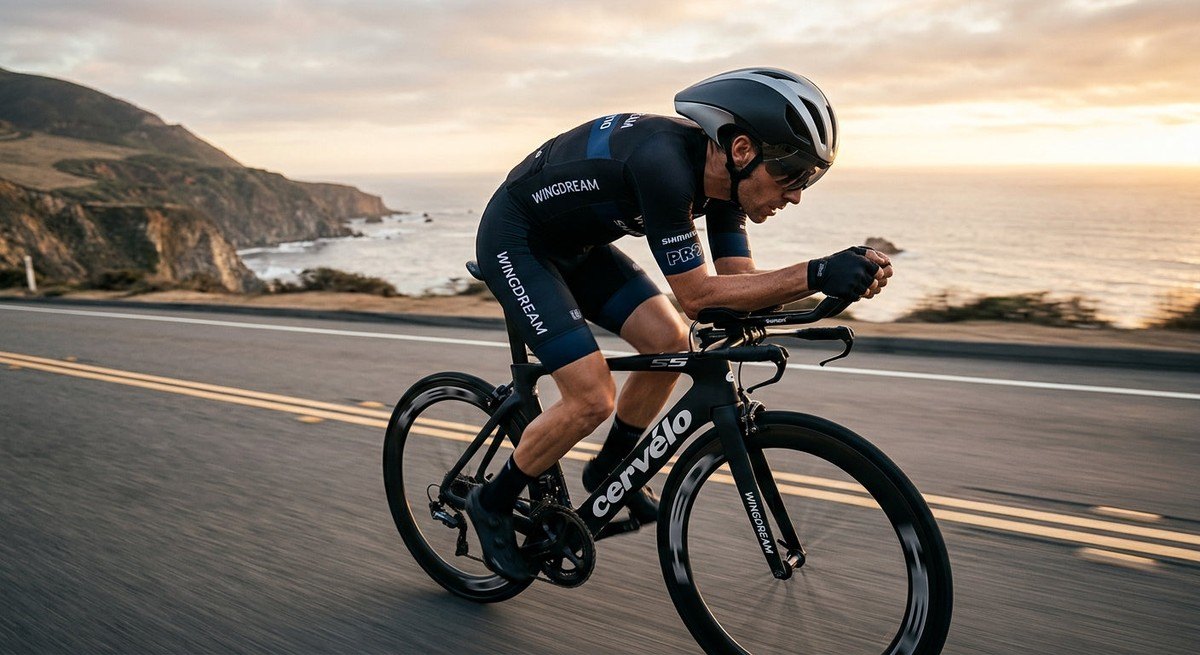 A professional cyclist in a full aero tuck position, illustrating the low-profile fit and wind-cheating design of the Wingdream helmet.