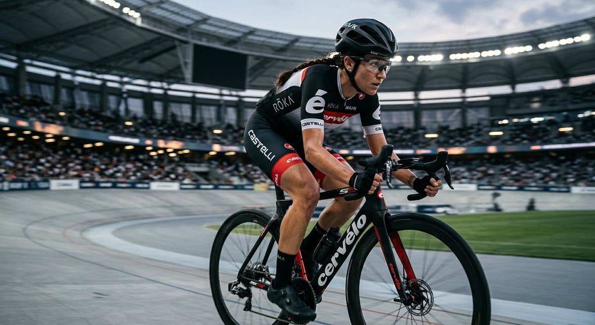 A professional cyclist in a stadium setting wearing the ROKA Falcon Fusion, with sharp focus on the lens clarity and aerodynamic frame design.