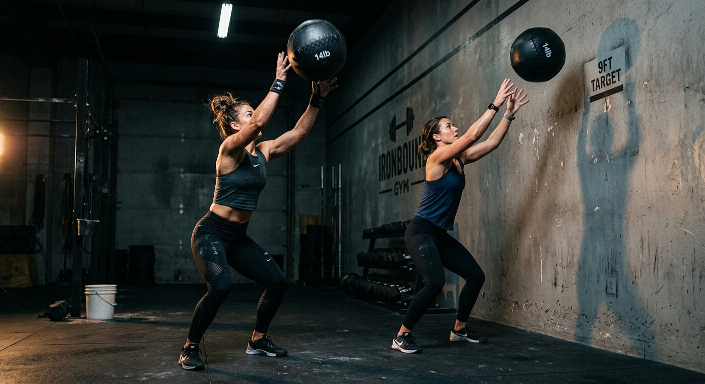 A professional doubles team performing a synchronised wall ball exercise in a dark, moody gym environment with sharp focus.