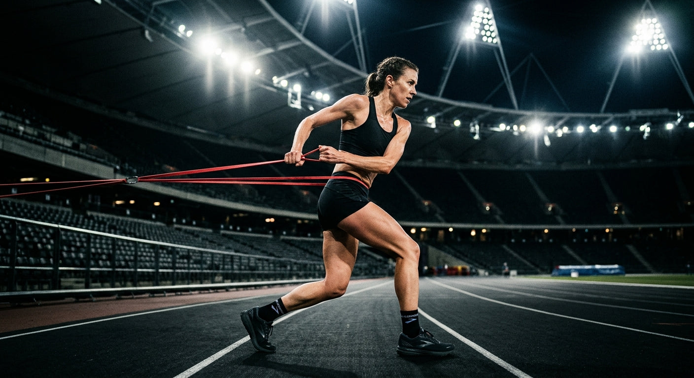 A professional endurance athlete using resistance bands for a warm-up, captured in a high-speed action shot with cinematic stadium lighting and high contrast.