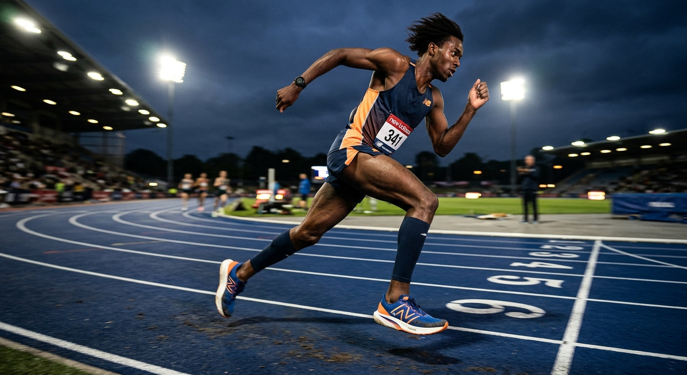 A professional photographer's view of a runner wearing New Balance FuelCell Rebel v5 trainers during a high-speed track interval, captured with sharp focus and dramatic stadium contrast.