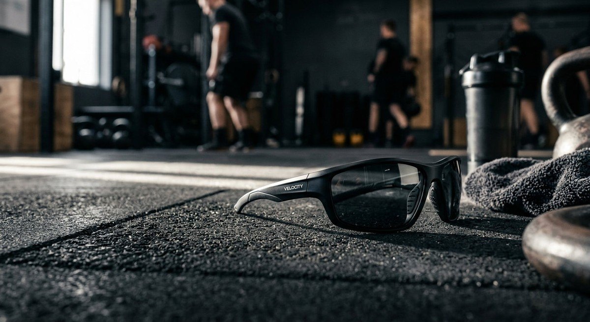A professional product photography setup featuring a pair of durable polycarbonate athletic glasses resting on a textured, dark gym surface with dramatic cinematic lighting.
