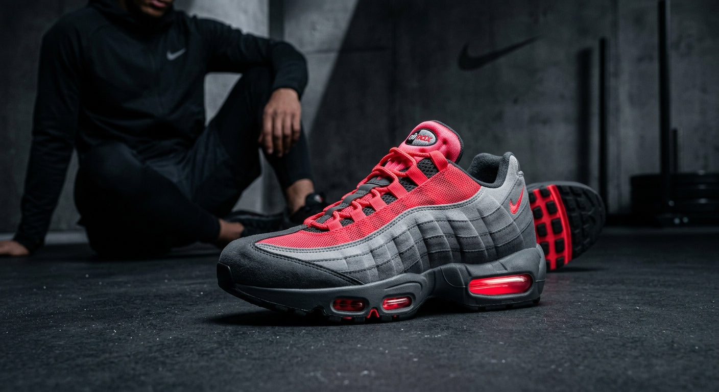 A professional product photography shot of the Nike Air Max 95 OG Reverse Solar Red in a moody, high-contrast studio setting highlighting the anatomical design.