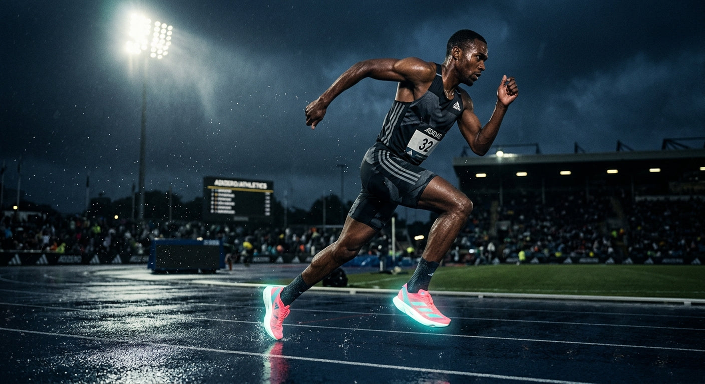 A professional runner sprinting on a dark, rainy track, with the Adidas Adizero Adios Pro 5 glowing under sharp, cinematic stadium floodlights.