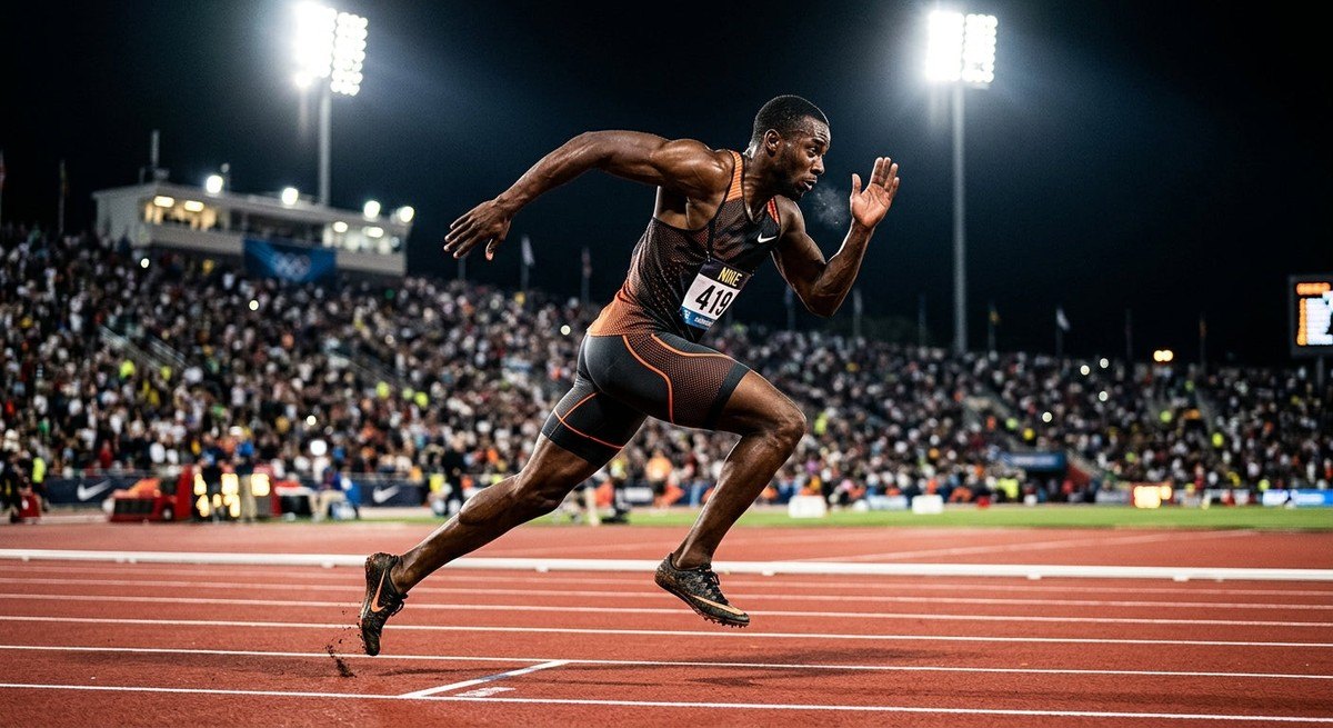 A professional runner sprinting on a track under stadium lights with fine detail on athletic apparel and a cinematic, high-contrast aesthetic.