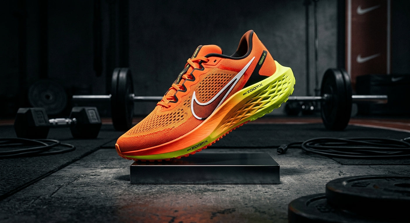 A professional studio shot of the Nike Pegasus 42, highlighting the vibrant colourway and the innovative midsole geometry with sharp focus and moody contrast.