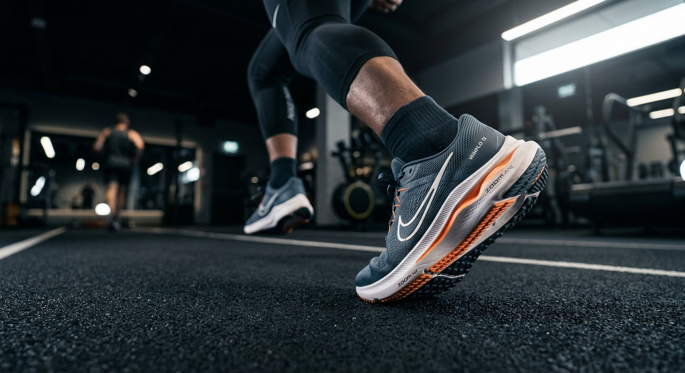 A professional studio shot of the Nike Winflo 12 highlighting the sole cushioning and mesh material detail.