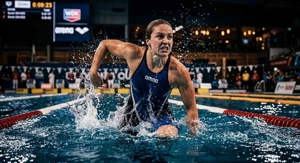 A professional swimmer emerging from the water with realistic water textures and cinematic lighting, showcasing intense focus and athletic power.