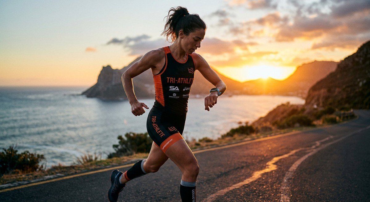 A professional triathlete checking their data on a high-tech watch during a sunset training session.