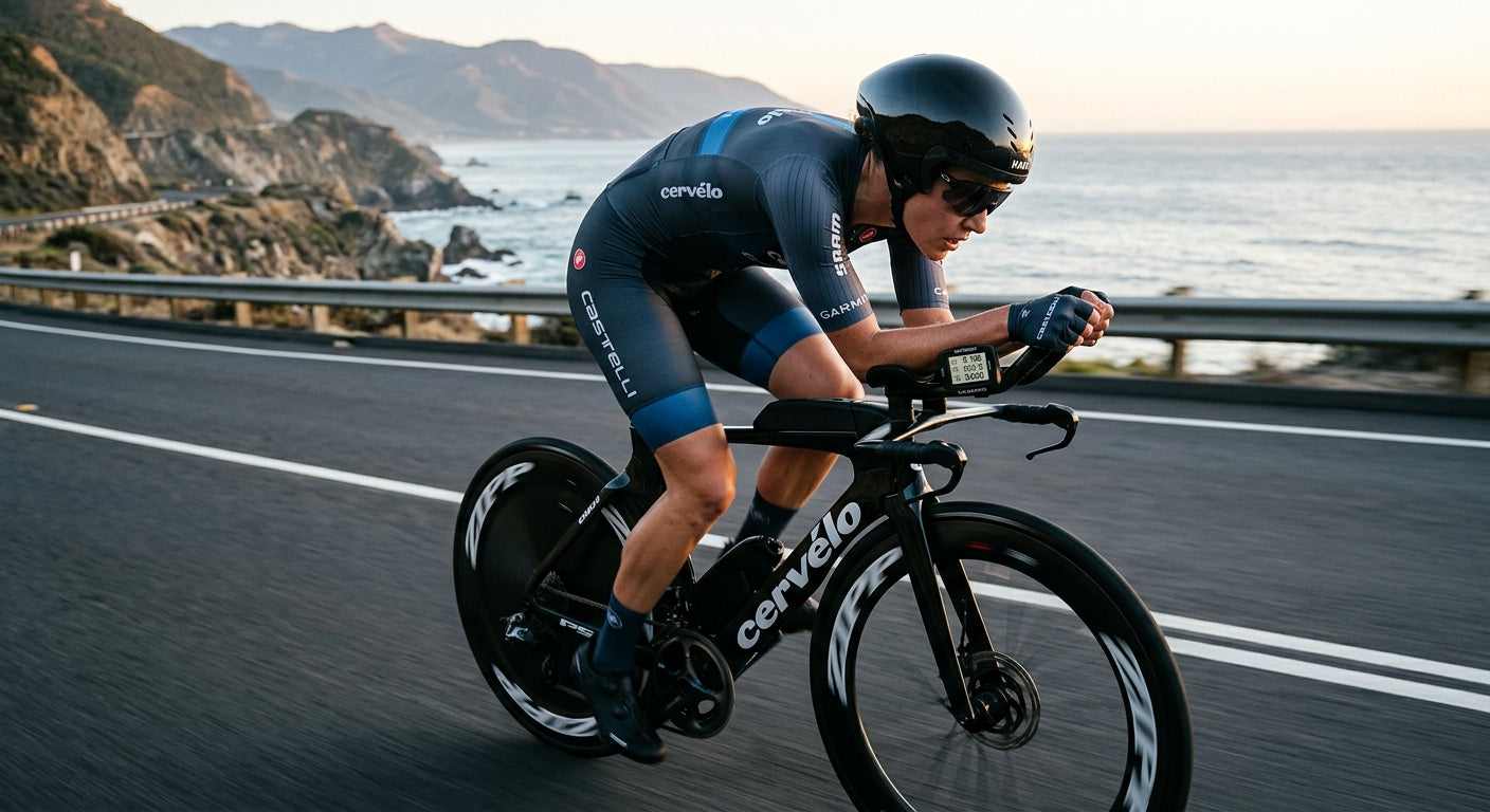 A professional triathlete in an aero skinsuit riding in a low-profile tuck position with a real-time CdA sensor visible on the cockpit.